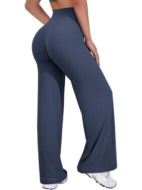 Women's Navy Blue High Waist Stretch Casual Straight Bottoms Wide Leggings